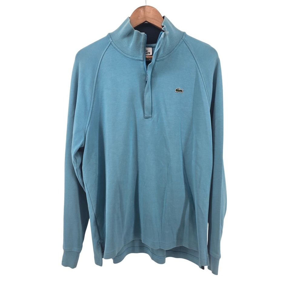 Lacoste Quarter Zip Pullover Mens 6 XL Light Blue Cotton Mock Neck Logo Sweater
